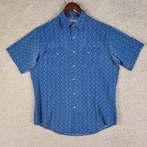 Vintage Wrangler Shirt Men's Large Blue Paisley Pearl Snap Button Short Sleeve
